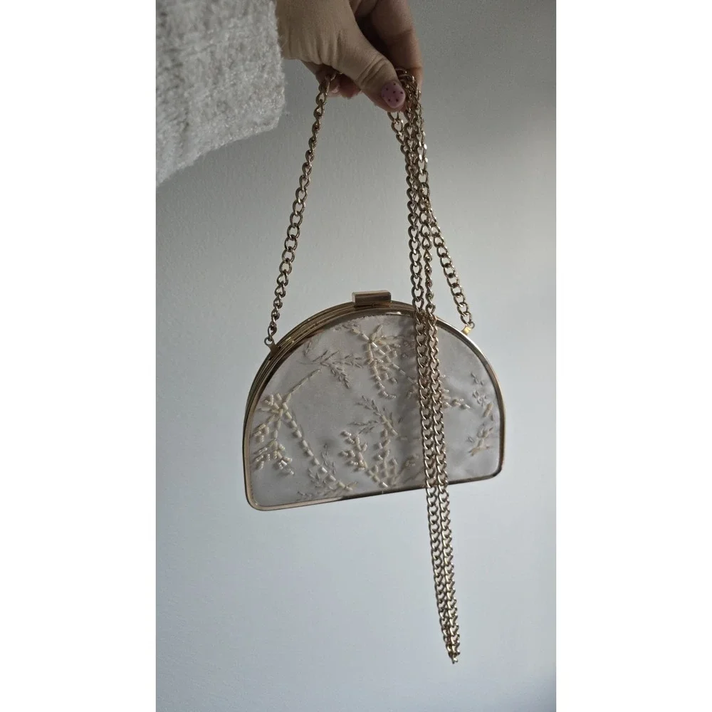 A New Day Clutch Purse With Beads Cream Colored With Gold Frame